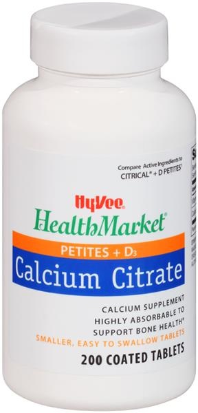 slide 1 of 1, Hy-Vee HealthMarket Calcium Citrate Petites + D3 Coated Tablets Calcium Supplement, 200 ct