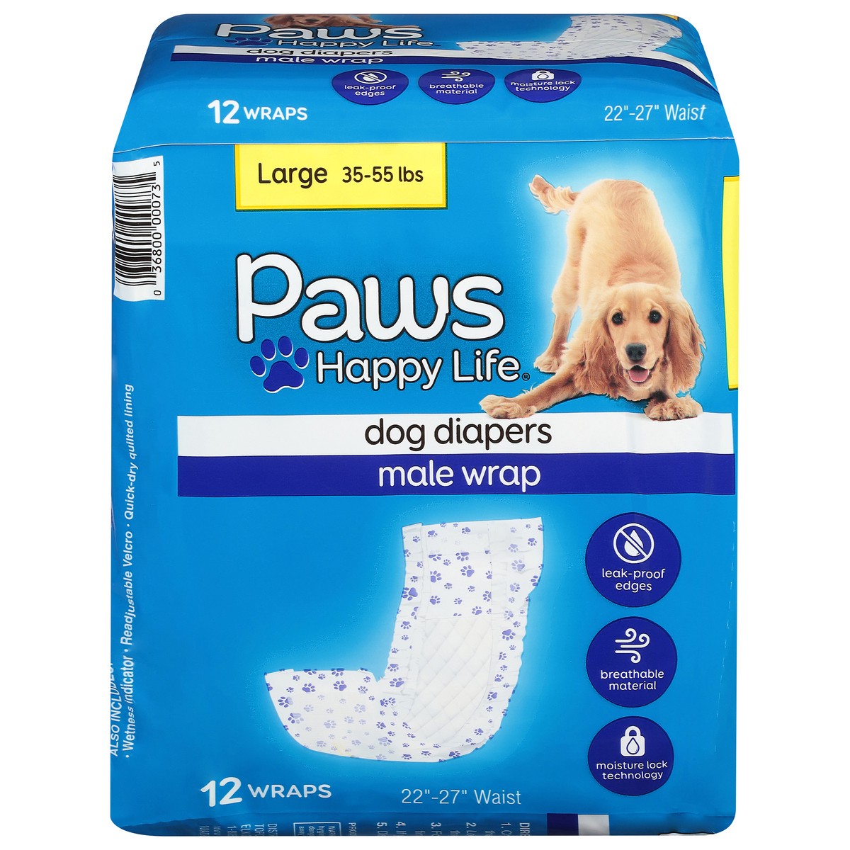 slide 3 of 4, Paws Happy Life Male Wrap Dog Diapers Large (35-55 lbs) 12 ea, 12 ct