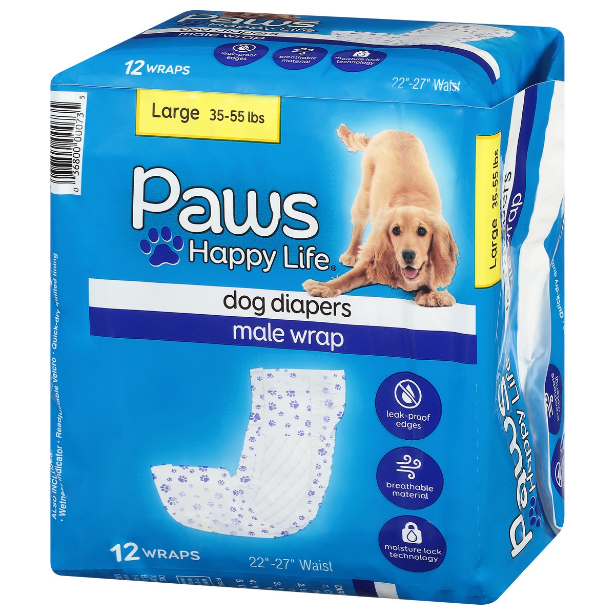 slide 2 of 4, Paws Happy Life Male Wrap Dog Diapers Large (35-55 lbs) 12 ea, 12 ct