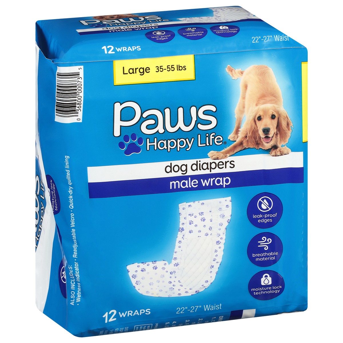 slide 4 of 4, Paws Happy Life Male Wrap Dog Diapers Large (35-55 lbs) 12 ea, 12 ct