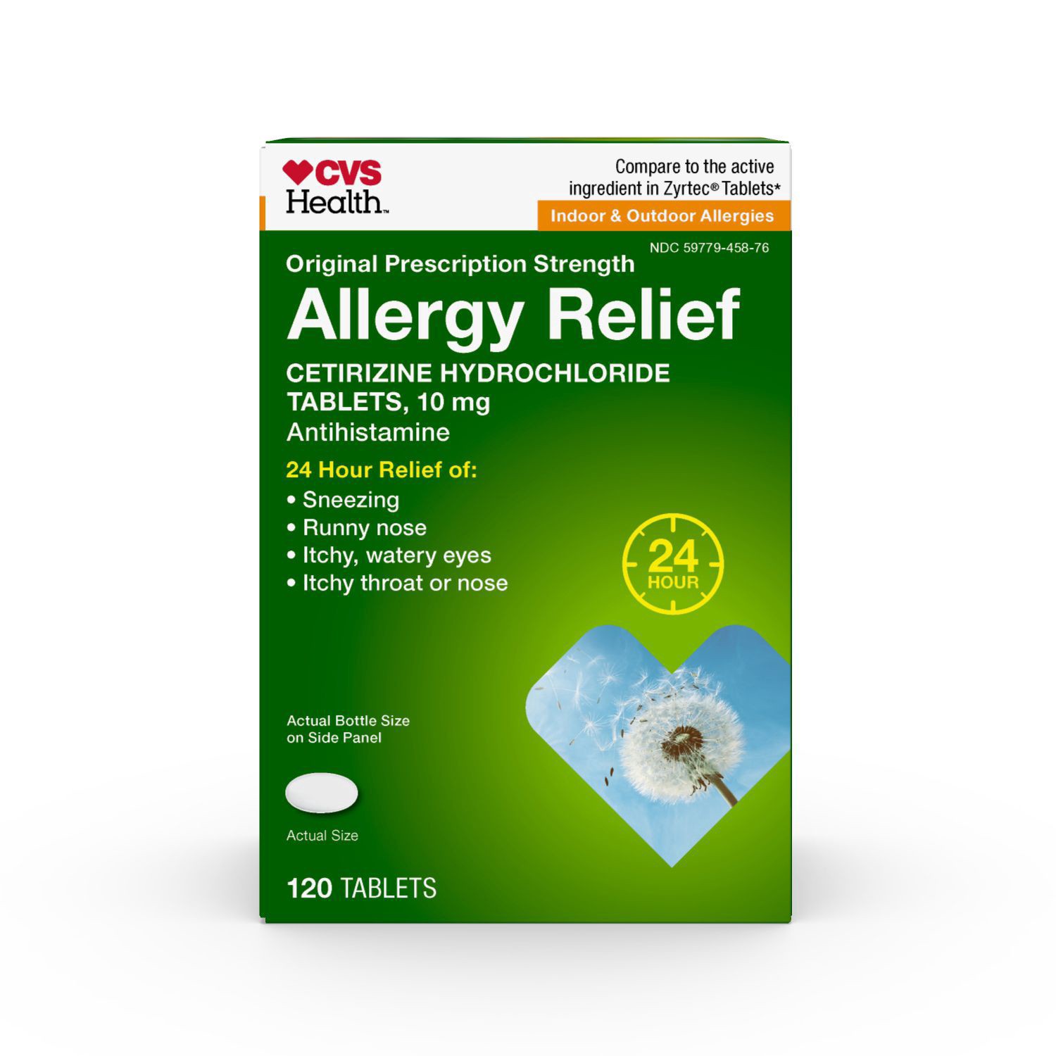 slide 1 of 9, Cvs 24hr Allergy Relief Tablets, 10mg Cetirizine Hcl, 120 Ct, 120 ct