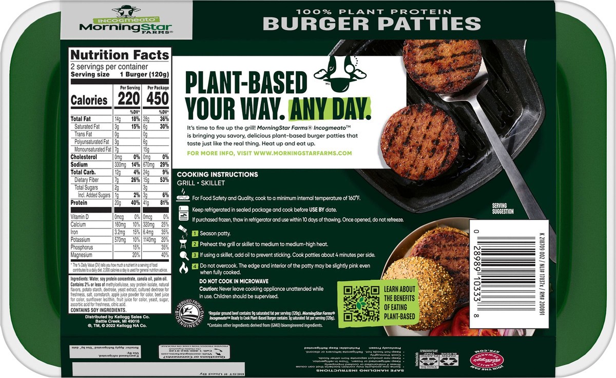 slide 8 of 13, Morning Star Farms MorningStar Farms Incogmeato Meatless Burgers, Vegan Plant-Based Protein, Frozen Meal, Original, 8.5oz Tray, 2 Patties, 8.5 oz