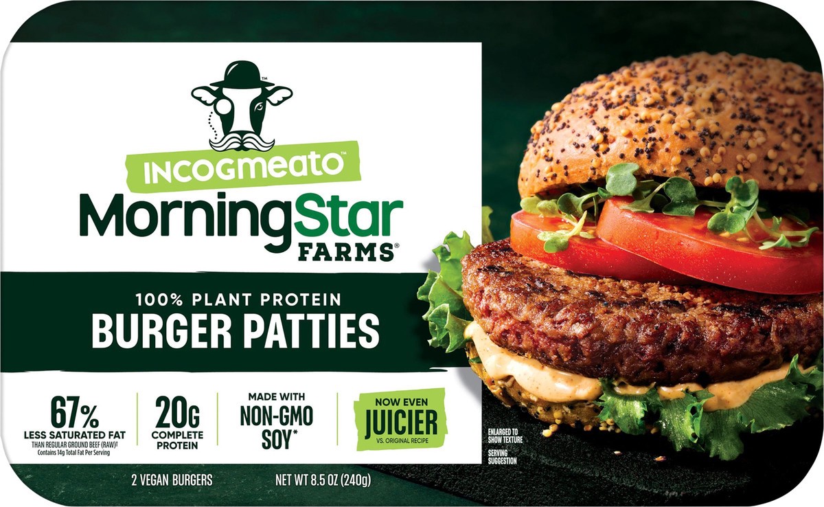 slide 3 of 13, Morning Star Farms MorningStar Farms Incogmeato Meatless Burgers, Vegan Plant-Based Protein, Frozen Meal, Original, 8.5oz Tray, 2 Patties, 8.5 oz