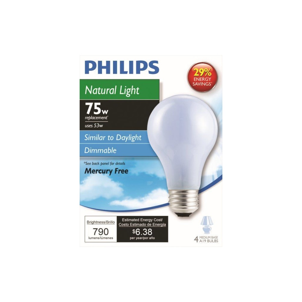 slide 1 of 1, Philips 53Watt 75Watt Medium Base A19 Light Bulbs Natural Light, 4 ct