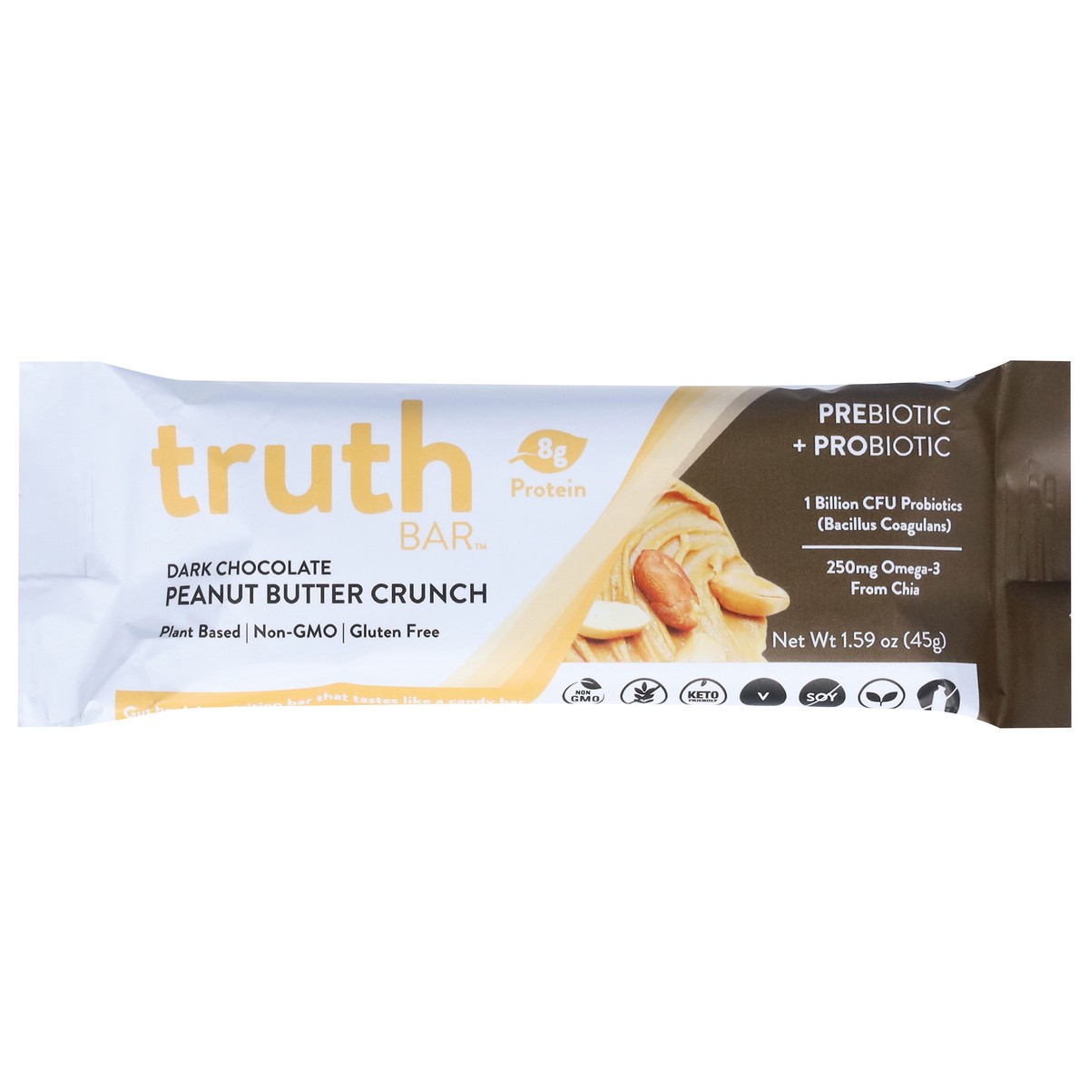 slide 1 of 14, Truth Bar Dark Chocolate Peanut Butter Crunch Prebiotic + Probiotic Bar 1.59 oz, 1.59 oz
