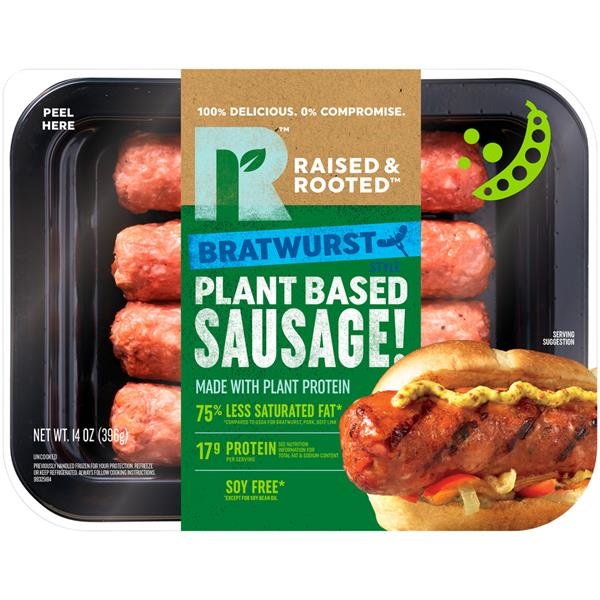 slide 1 of 1, Raised & Rooted Uncooked Bratwurst Style Plant Based Sausage! Made With Plant Protein, 14 oz