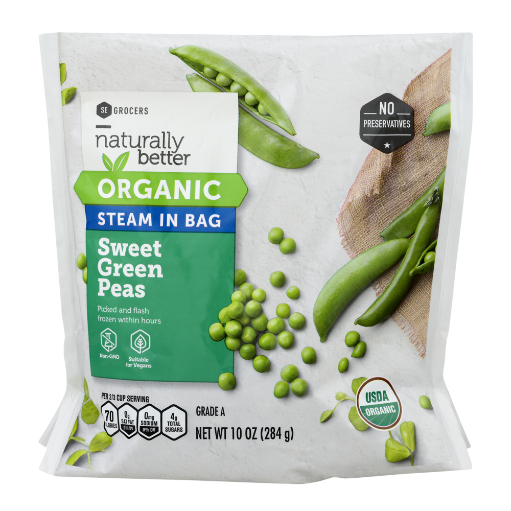 slide 1 of 1, SE Grocers Naturally Better Organic Steam In Bag Green Peas Sweet, 10 oz