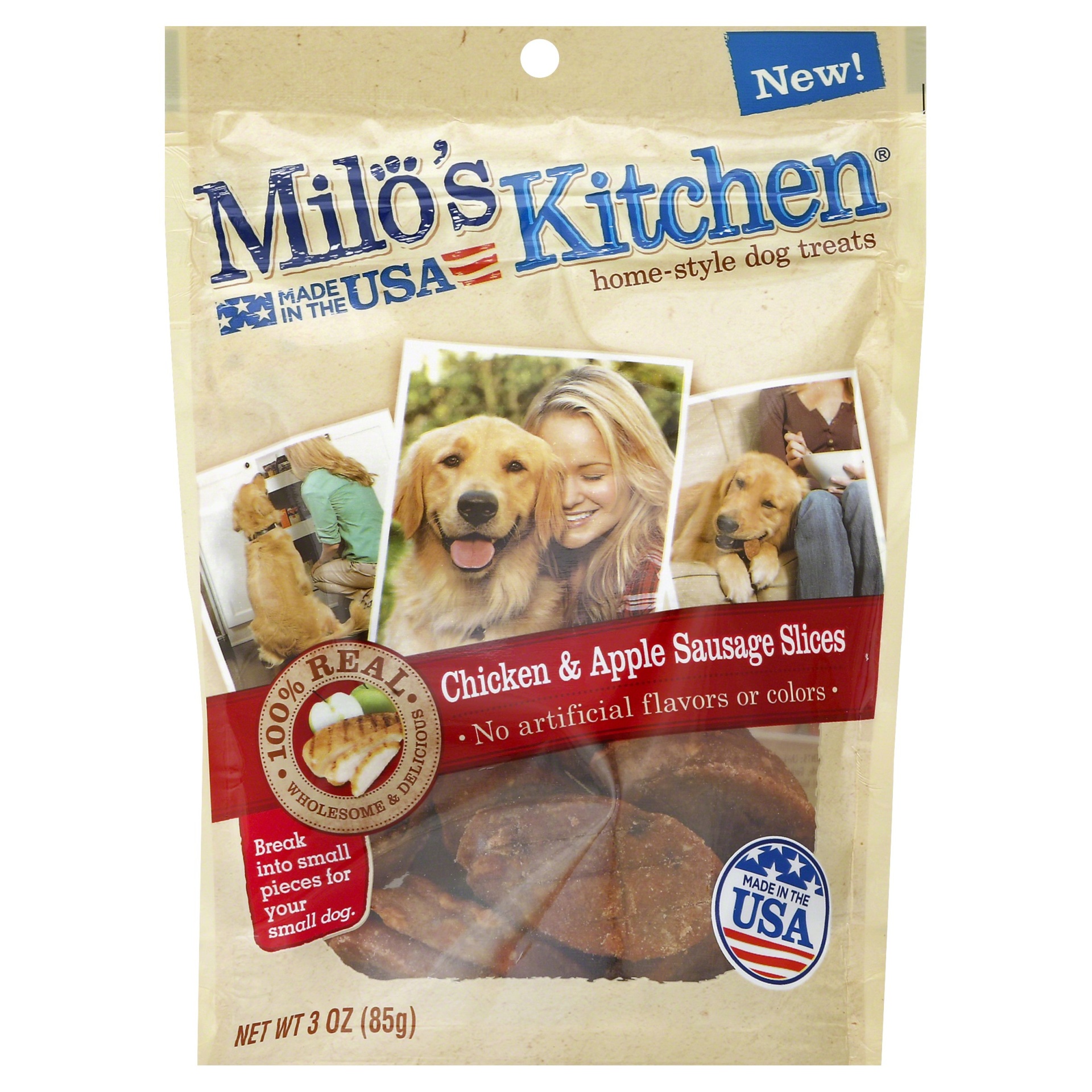 slide 1 of 1, Milo's Kitchen Homestyle Dog Treats Chicken Apple Sausage Slices, 3 oz