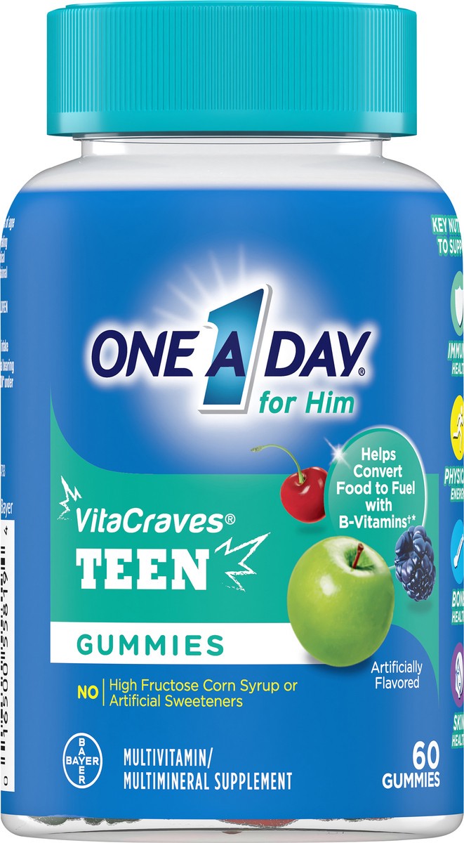 slide 1 of 8, One A Day VitaCraves for Him Teen Multivitamin/Multimineral Supplement Gummies 60 ea Bottle, 60 ct