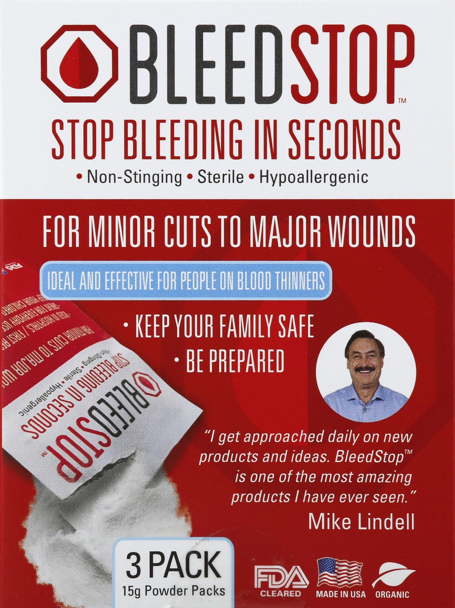 slide 5 of 7, Bleedstop Stop Bleeding in Seconds Powder Packs 3 - 0.53 oz Each, 3 ct