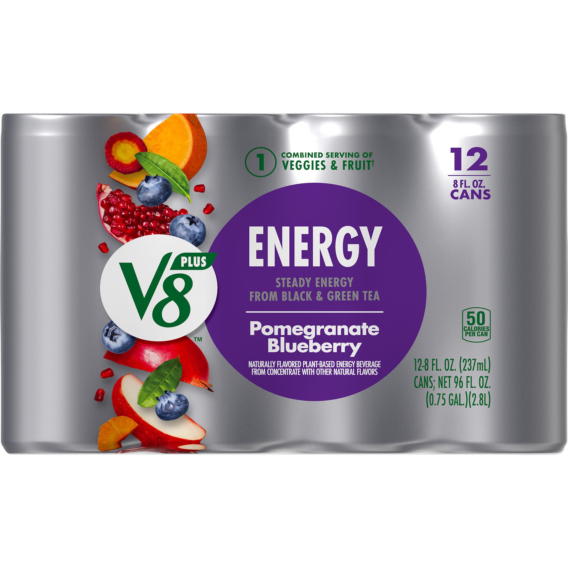 slide 2 of 5, V8 +Energy Pomegranate Blueberry Juice Energy Drink, 8 fl oz Can (12 Pack), 96 oz