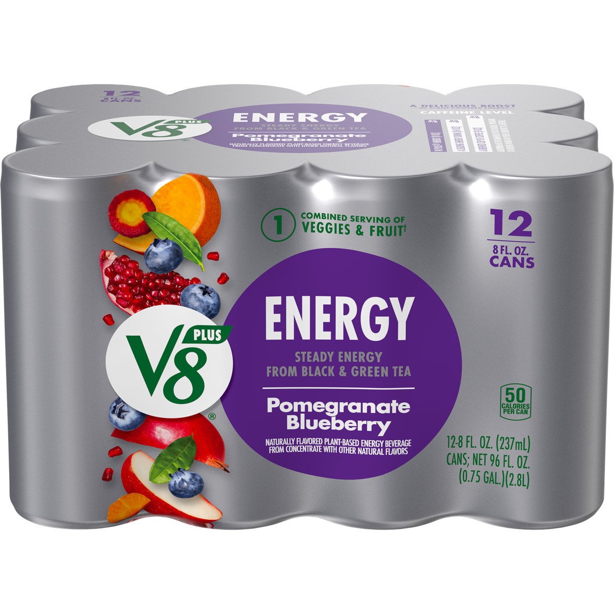 slide 1 of 5, V8 +Energy Pomegranate Blueberry Juice Energy Drink, 8 fl oz Can (12 Pack), 96 oz