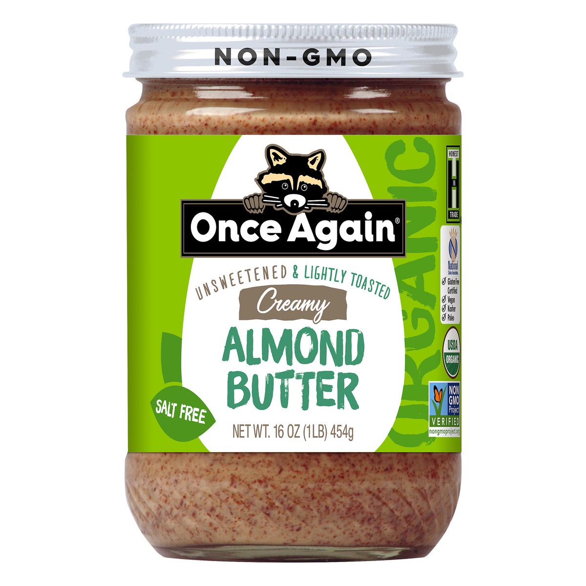 slide 1 of 2, Once Again Unsweetened & Lightly Toasted No Salt Added Creamy Almond Butter, 16 oz