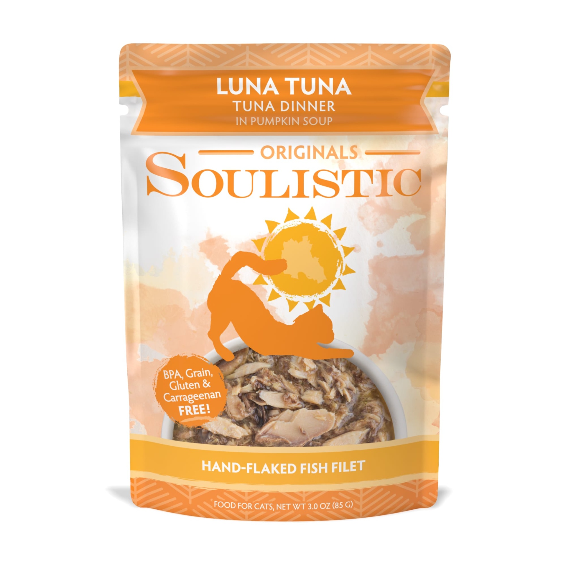 slide 1 of 1, Soulistic Luna Tuna Dinner in Pumpkin Soup Cat Food Pouches, 3 oz