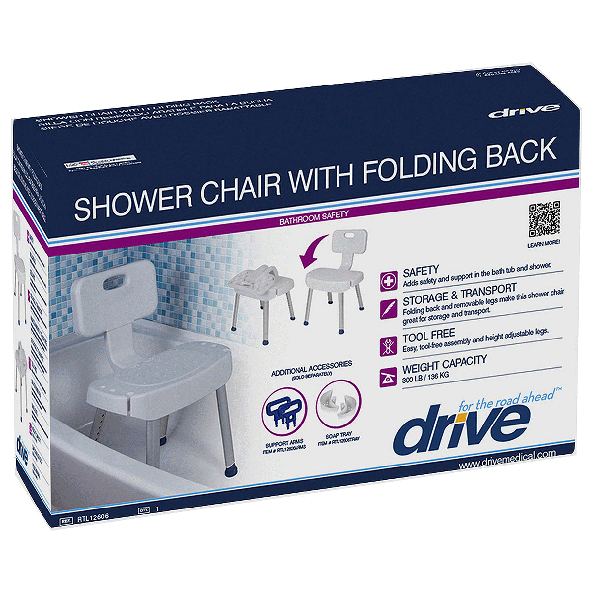 slide 1 of 1, Drive Medical Drive Shower Chair With Folding Back, 1 ct