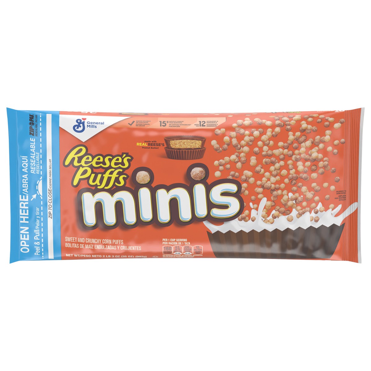 slide 3 of 14, Reese's Puffs Minis Breakfast Cereal, Chocolate Peanut Butter Cereal, Family Size, 35 OZ Bag Cereal, 35 oz