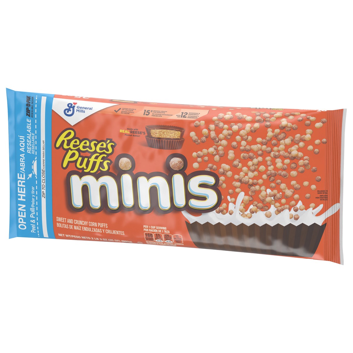 slide 14 of 14, Reese's Puffs Minis Breakfast Cereal, Chocolate Peanut Butter Cereal, Family Size, 35 OZ Bag Cereal, 35 oz