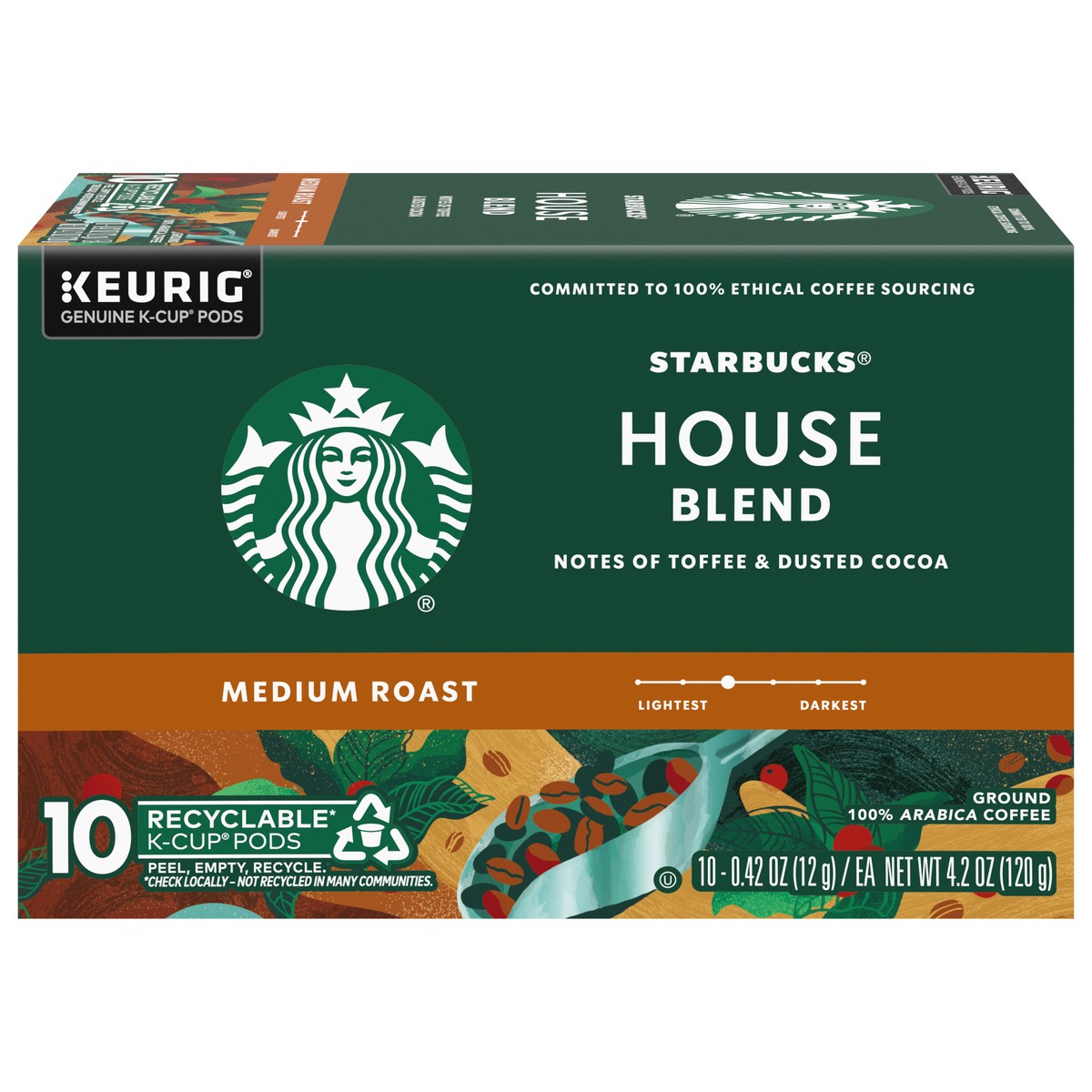 slide 1 of 9, Starbucks K-Cup Coffee Pods, Medium Roast Coffee, House Blend, 100% Arabica, 1 box (10 pods), 10 ct