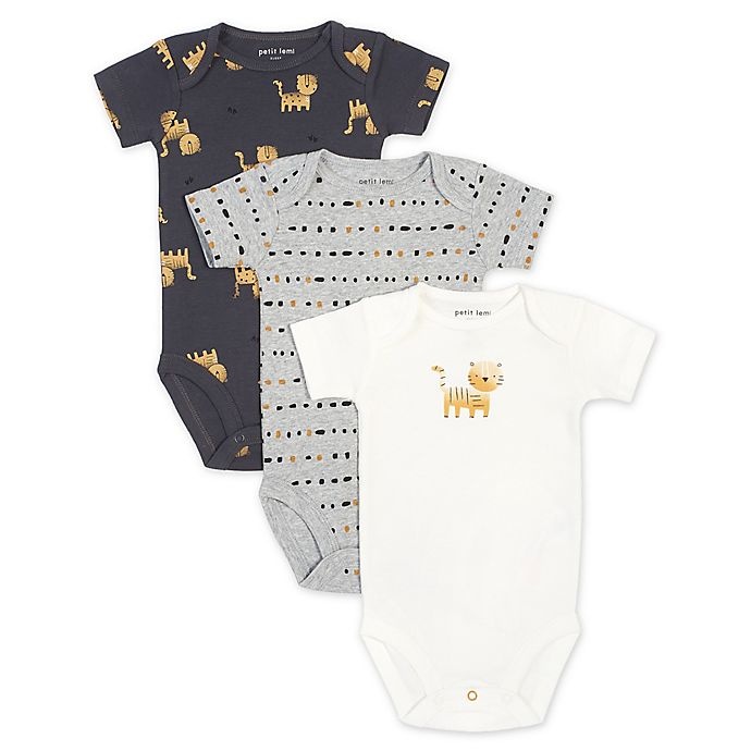 slide 1 of 1, Petit Lem Tiger Bodysuits - White/Grey/Navy, 3 ct