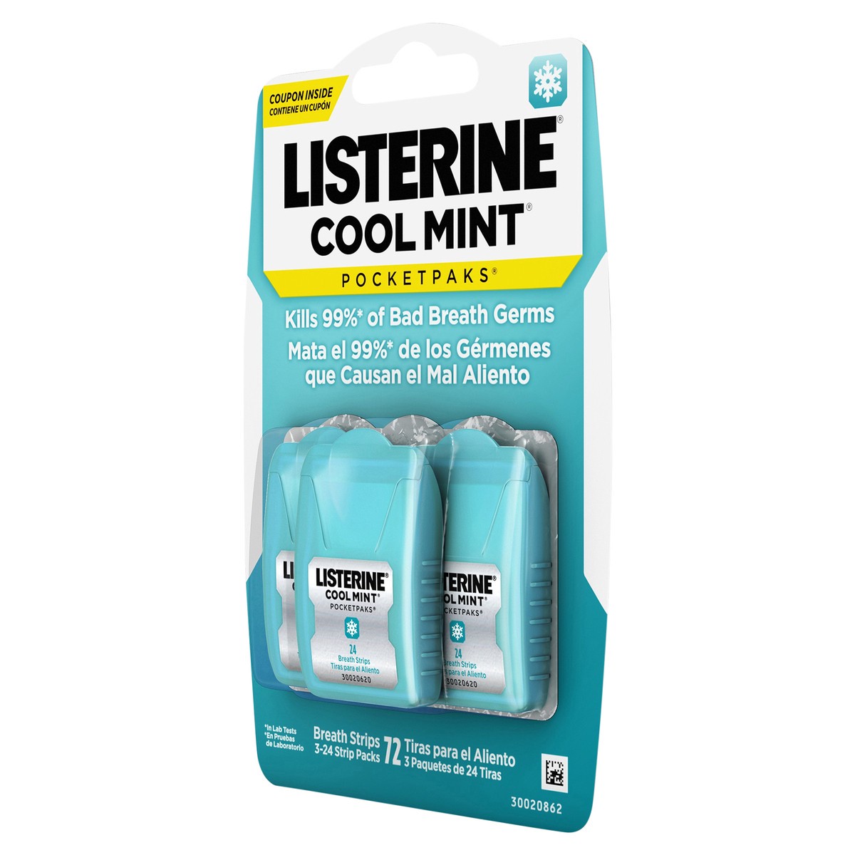 slide 2 of 6, Listerine Cool Mint PocketPaks Portable Breath Strips for Bad Breath, Fresh Breath Strips Dissolve Instantly to Kill 99% of Bad Breath Germs* On-the-Go, Cool Mint, 24-Strip Pack, 3 Pack, 72 ct