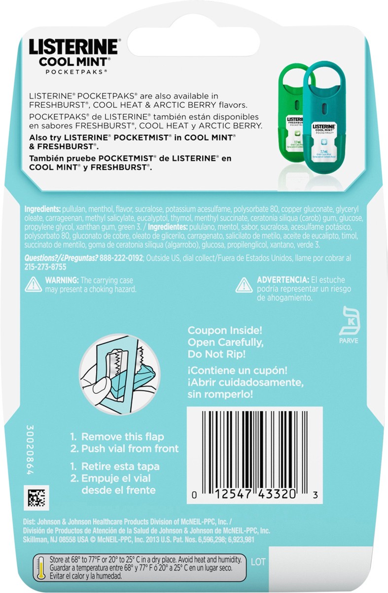slide 4 of 6, Listerine Cool Mint PocketPaks Portable Breath Strips for Bad Breath, Fresh Breath Strips Dissolve Instantly to Kill 99% of Bad Breath Germs* On-the-Go, Cool Mint, 24-Strip Pack, 3 Pack, 72 ct