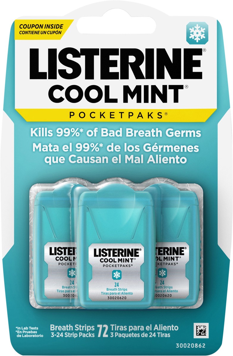 slide 5 of 6, Listerine Cool Mint PocketPaks Portable Breath Strips for Bad Breath, Fresh Breath Strips Dissolve Instantly to Kill 99% of Bad Breath Germs* On-the-Go, Cool Mint, 24-Strip Pack, 3 Pack, 72 ct