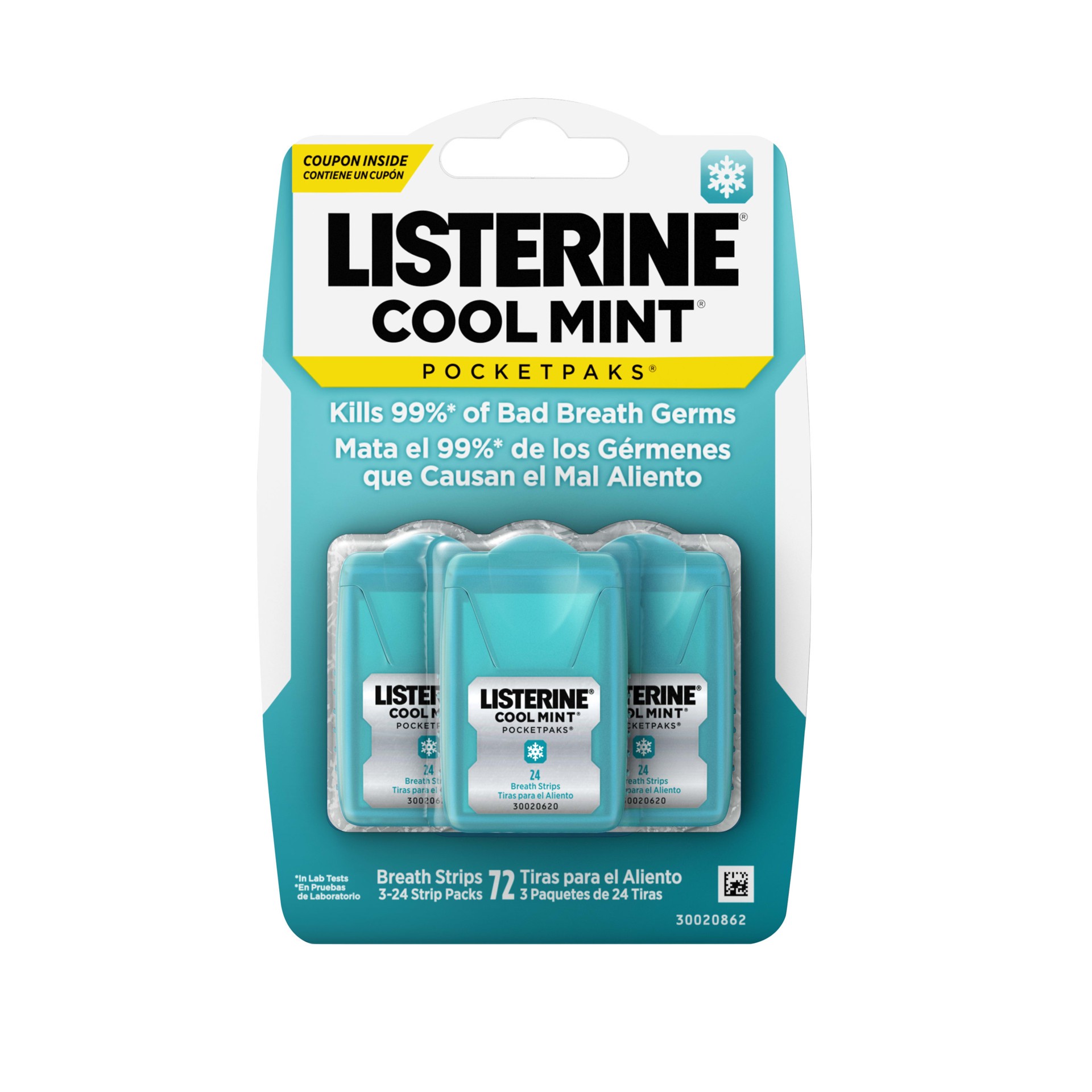 slide 1 of 6, Listerine Cool Mint PocketPaks Portable Breath Strips for Bad Breath, Fresh Breath Strips Dissolve Instantly to Kill 99% of Bad Breath Germs* On-the-Go, Cool Mint, 24-Strip Pack, 3 Pack, 72 ct