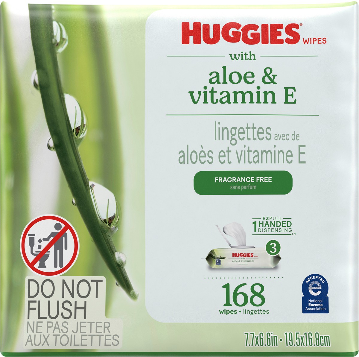 slide 9 of 13, Huggies Wipes with Aloe & Vitamin E, Unscented, 3 Flip-Top Packs (168 Wipes Total), 3 ct