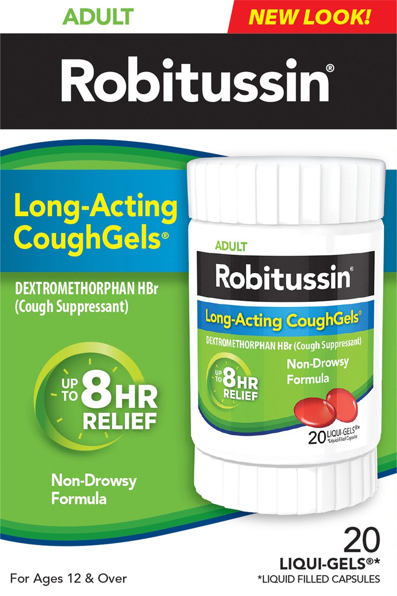 slide 6 of 7, Robitussin Long-Acting CoughGels, Cough Medicine for Adults - 20 Liqui-Gels, 20 ct