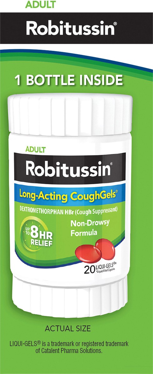 slide 5 of 7, Robitussin Long-Acting CoughGels, Cough Medicine for Adults - 20 Liqui-Gels, 20 ct