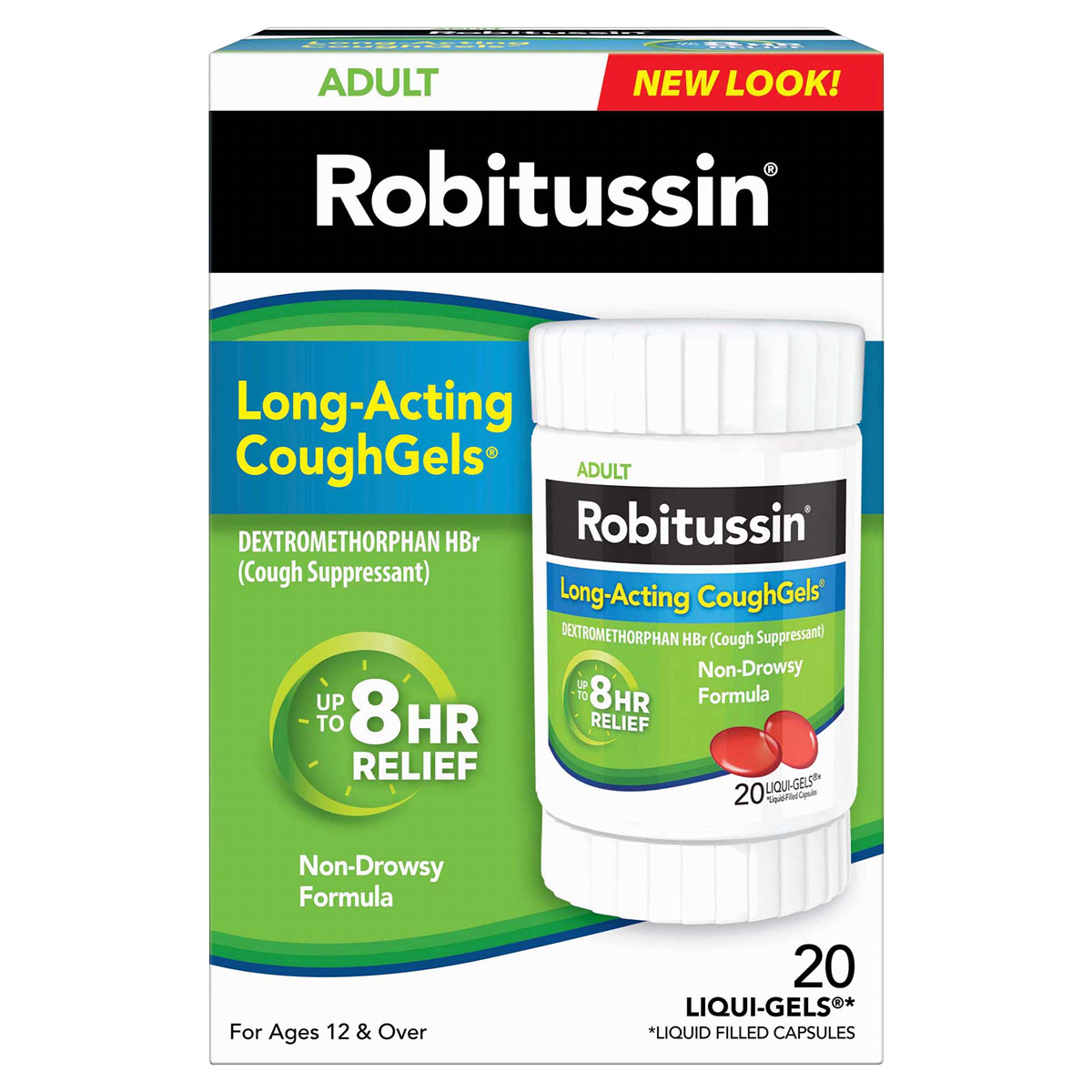 slide 1 of 1, Robitussin Long-Acting CoughGels, Cough Medicine for Adults - 20 Liqui-Gels, 20 ct