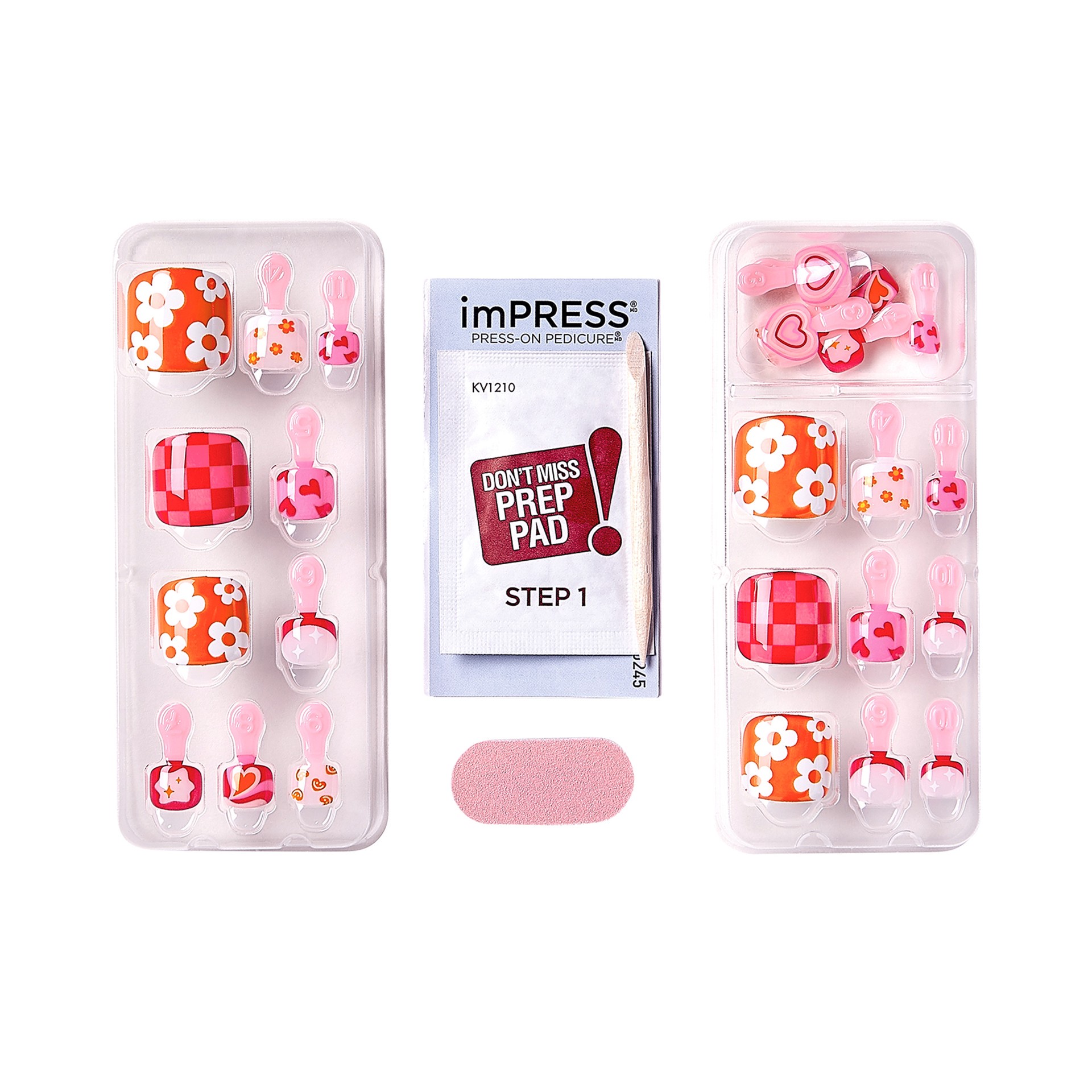 slide 2 of 5, imPRESS Press-On Toenails, No Glue Needed, Pink/White/Orange, Short Square, 27 Ct., 28 pc