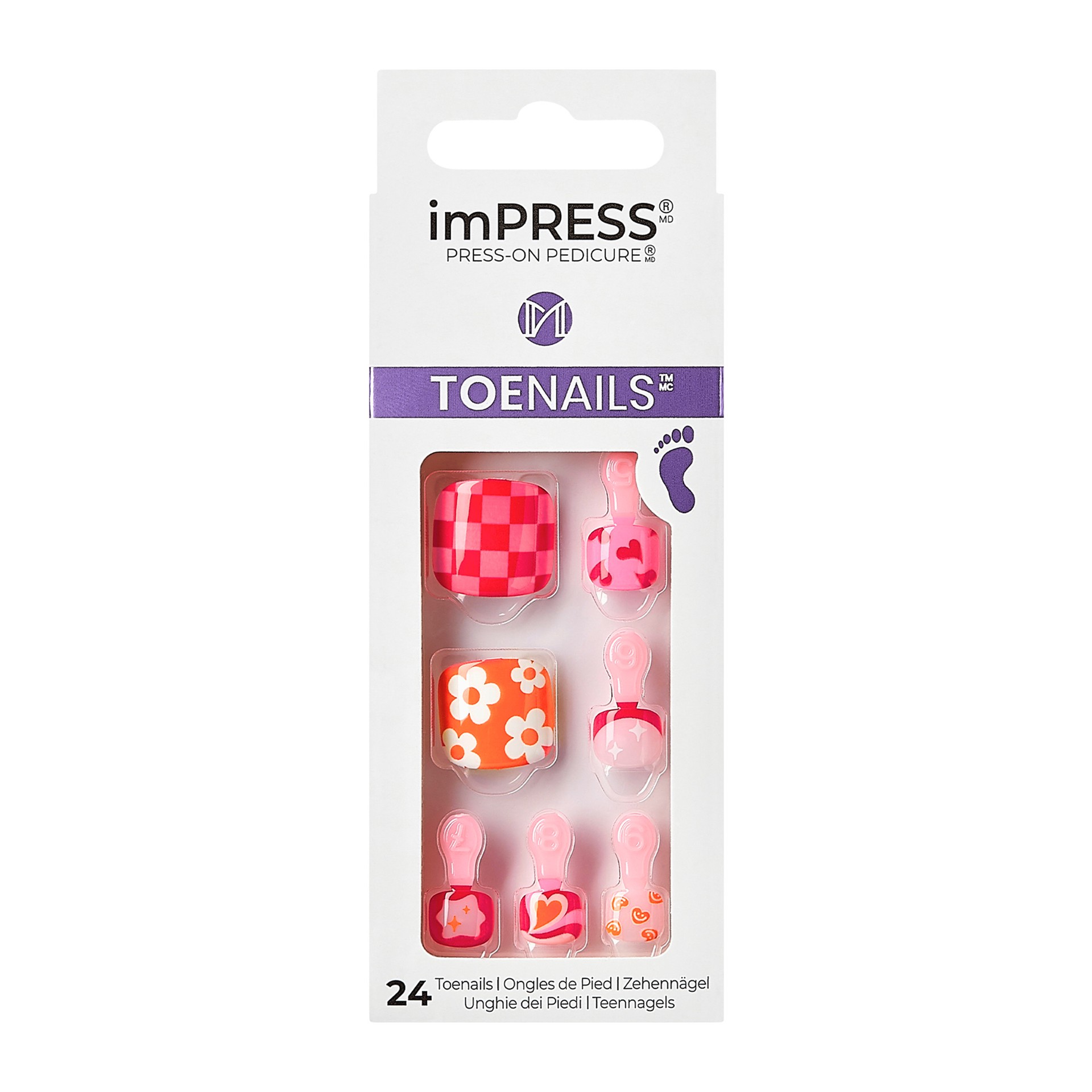 slide 1 of 5, imPRESS Press-On Toenails, No Glue Needed, Pink/White/Orange, Short Square, 27 Ct., 28 pc