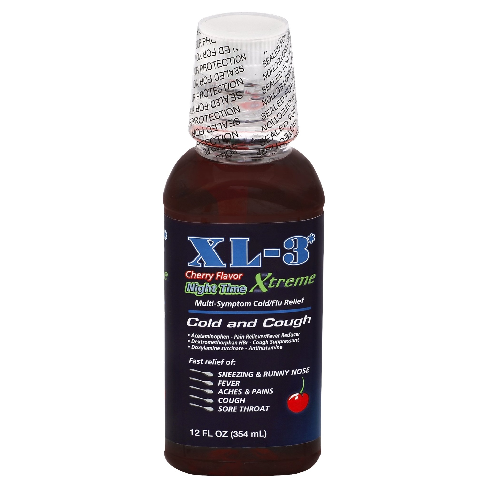 slide 1 of 1, XL-3 Night Time X-Treme Cherry Flavor Cold and Cough Medicine, 12 fl oz