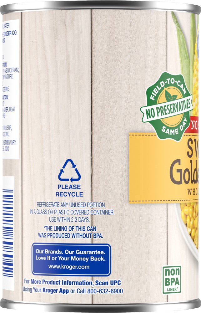 slide 3 of 4, Kroger Sweet Golden Whole Kernel Corn - No Salt Added, 15.25 oz
