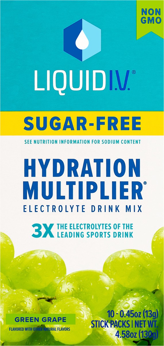 slide 8 of 10, Liquid I.V. Sugar Free Hydration Multiplier Vegan Powder Electrolyte Supplements - Green Grape - 0.45oz/10ct, 10 ct