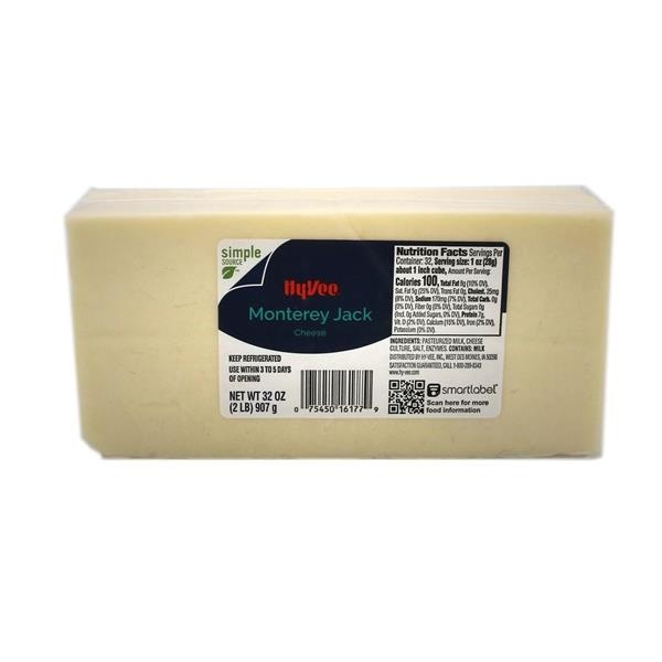 slide 1 of 1, Hy-Vee Monterey Jack Block Cheese, 32 oz