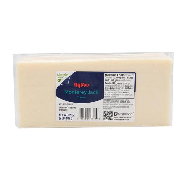 slide 1 of 1, Hy-Vee Monterey Jack Block Cheese, 32 oz