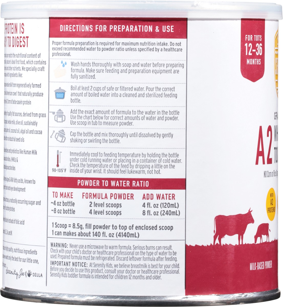 slide 7 of 14, Serenity Kids Toddler Formula, Milk-Based Powder, Whole Milk, Grass Fed, 12-36 Months, 21 oz