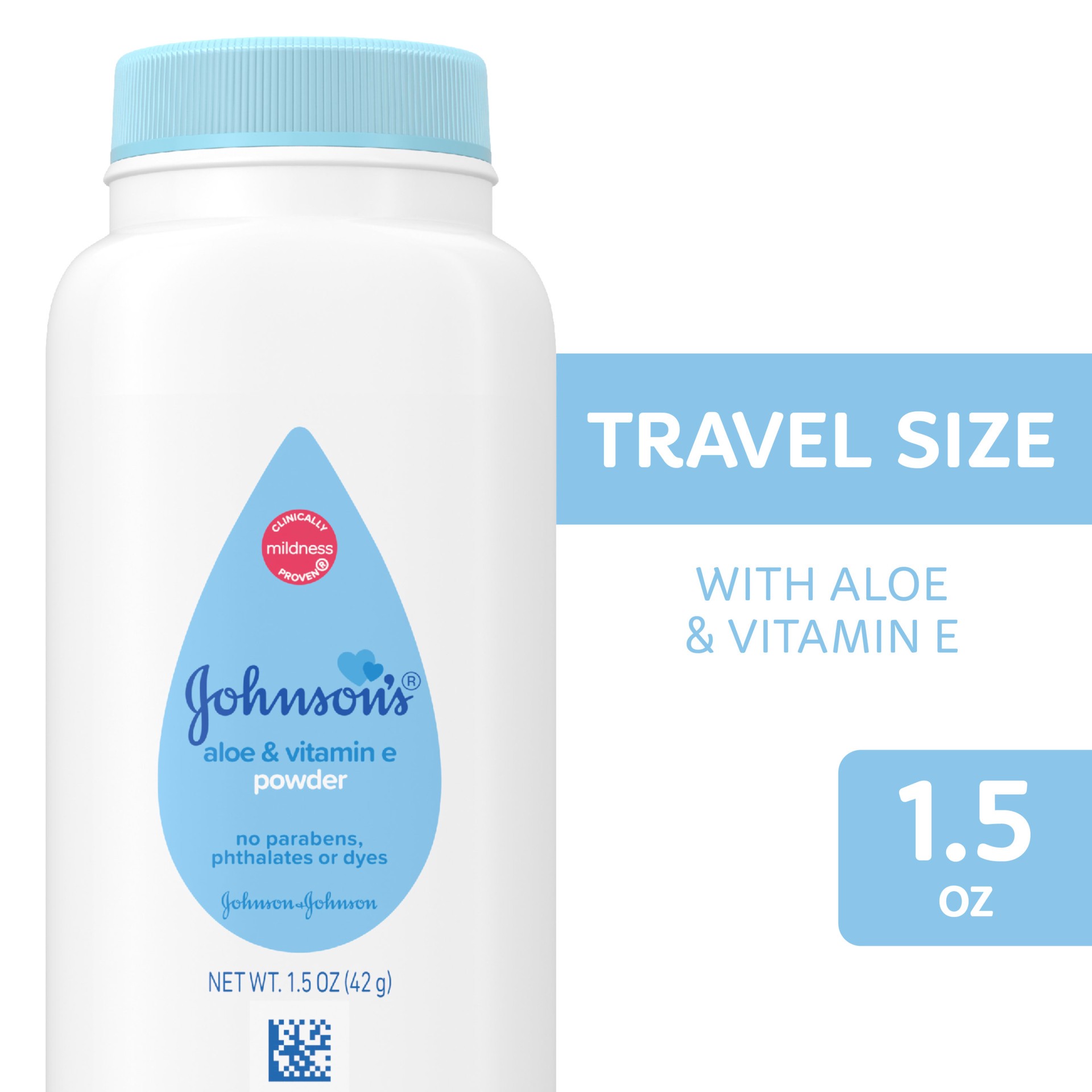 slide 1 of 7, Johnson's Naturally Derived Cornstarch Baby Powder with Aloe and Vitamin E for Delicate Skin, Hypoallergenic and Free of Parabens, Phthalates, and Dyes for Gentle Baby Skin Care, 1.5 oz, 1.5 oz