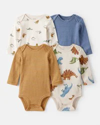 Carter's Baby Boy 4-Pack Dinosaur Print Cotton Long-Sleeve Multipack Bodysuits Multi 24M