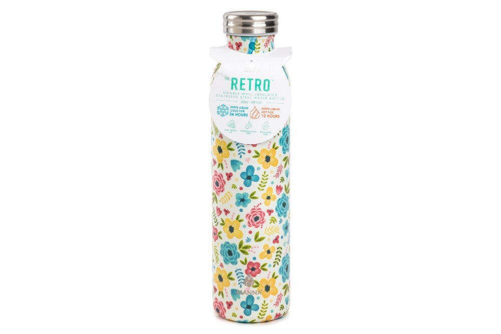 slide 1 of 1, Manna Retro Water Bottle - Blue Floral, 20 oz