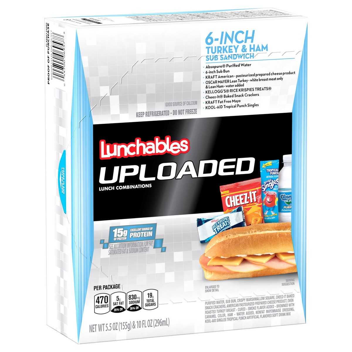 slide 8 of 9, Lunchables Uploaded 6-Inch Turkey, Ham & Cheese Sub Sandwich Meal Kit with Water, Cheez-It Crackers, Kool-Aid Tropical Punch Single & Rice Krispy Treat, 15.5 oz Box, 15.5 oz