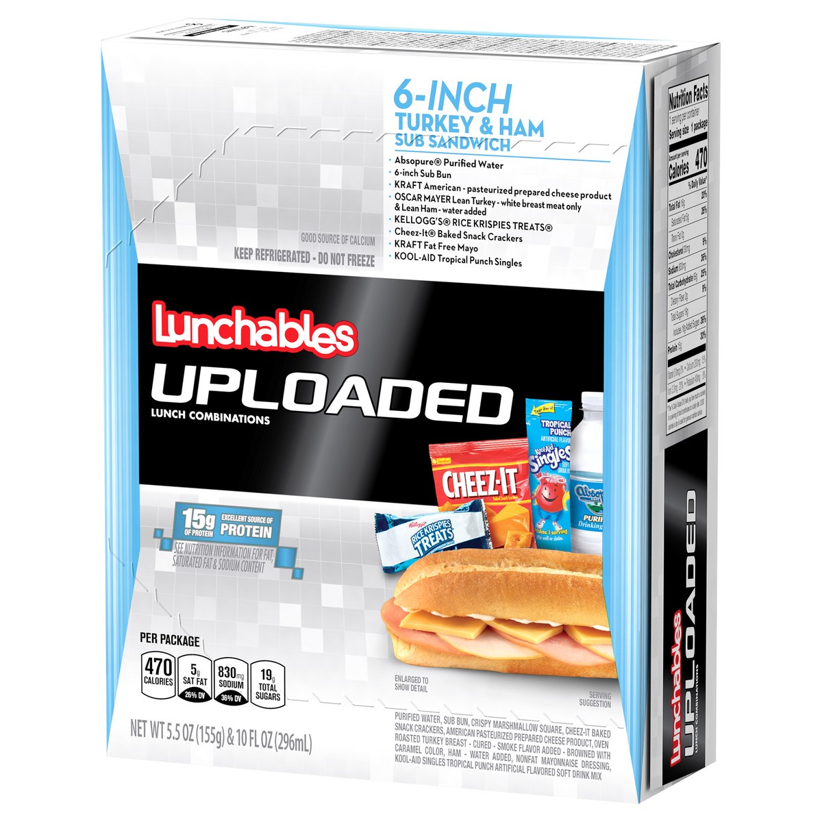 slide 4 of 9, Lunchables Uploaded 6-Inch Turkey, Ham & Cheese Sub Sandwich Meal Kit with Water, Cheez-It Crackers, Kool-Aid Tropical Punch Single & Rice Krispy Treat, 15.5 oz Box, 15.5 oz
