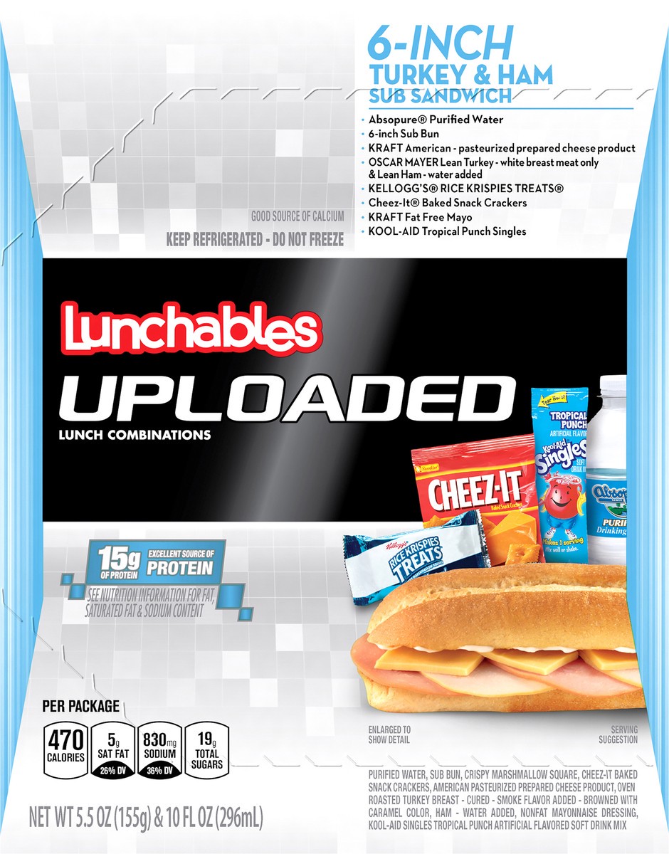 slide 3 of 9, Lunchables Uploaded 6-Inch Turkey, Ham & Cheese Sub Sandwich Meal Kit with Water, Cheez-It Crackers, Kool-Aid Tropical Punch Single & Rice Krispy Treat, 15.5 oz Box, 15.5 oz