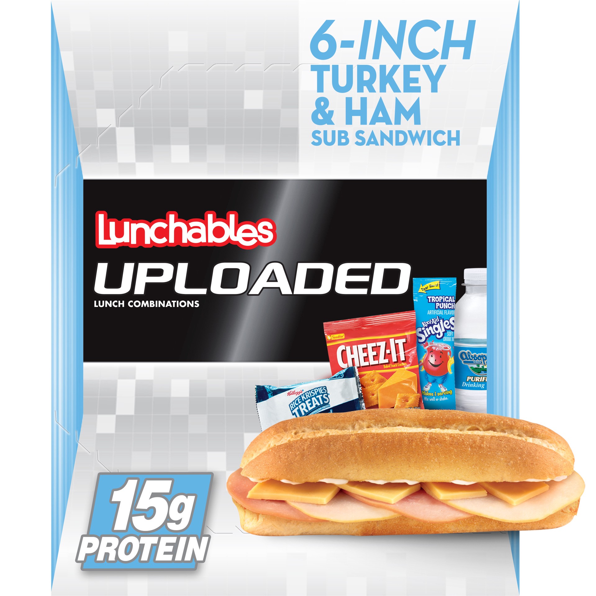 slide 1 of 9, Lunchables Uploaded 6-Inch Turkey, Ham & Cheese Sub Sandwich Meal Kit with Water, Cheez-It Crackers, Kool-Aid Tropical Punch Single & Rice Krispy Treat, 15.5 oz Box, 15.5 oz