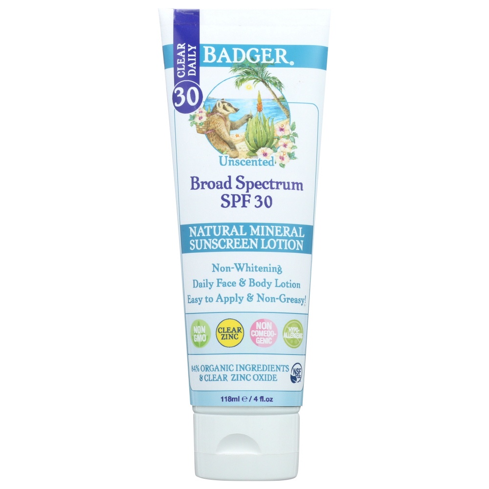 slide 1 of 1, Badger Unscented Broad Spectrum SPF 30 Natural Mineral Sunscreen Lotion, 4 oz