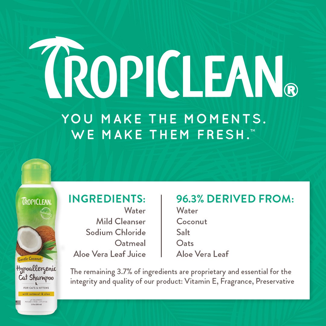 slide 9 of 10, TropiClean Gentle Coconut Hypoallergenic Cat & Kitten Shampoo, 12 oz