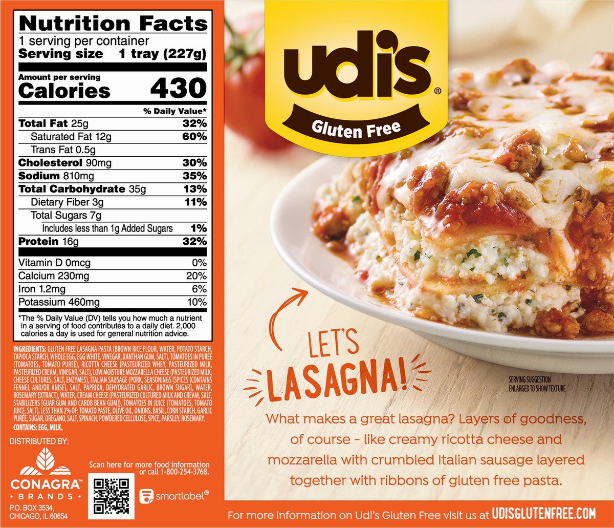 slide 4 of 8, Udi's Gluten Free Italian Sausage Lasagna 8 oz, 8 oz
