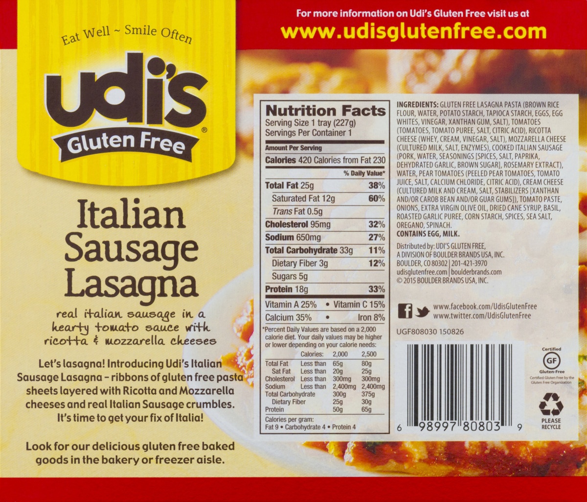 slide 9 of 9, Udi's Gluten Free Italian Sausage Lasagna, 8 oz